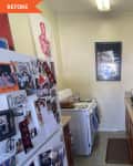 Before: Small kitchen with brown cabinets