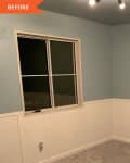 Empty room with blue upper walls, white wainscoting, a window, and beige carpet, labeled "Before."