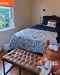 Bedroom with paisley-patterned bedding, brown tufted bench, and a plush toy wearing a Texas jersey.