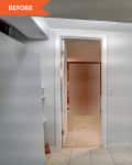 Before: white laundry room with beige tile floors, and a white washer and dryer on the right wall. On the left wall, there is a white freezer.