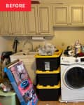 Before: a tan laundry room with a white sink and containers stacked up