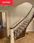 Before: a white entryway white an empty space below the stairs