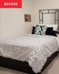 "before" photo of guest bedroom before being redone. The room is mostly white and quite bare, with a few black accents on the bedding, etc