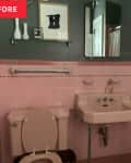 Vintage pink tiled bathroom with green painted walls before renovation.