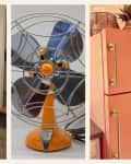 3 after photos of home appliances that have been painted: 1. a fridge that's been painted teal, 2. a small fan that's been painted orange, 3. a fridge that been painted peach and gold pulls have been added