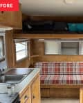 Camper with dark wooden interior and plaid sofa before renovation.