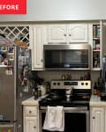 Kitchen with neutral colored cabinets before renovation.