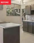 kitchen before renovation. Gray cabinets, linoleum floor