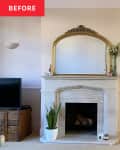 Vintage mirror over fireplace in light colored living room with pink sofa and carpeted floors.