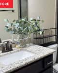 Neutral painted bathroom with dark wood vanity topped with speckled beige and grey stone surface before renovation.