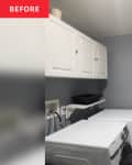 Laundry room before makeover: Gray walls, white trim, white cabinets, tile floor