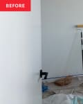 Before: an empty white bedroom with a pain roller and ladder