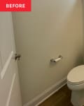 Before: A beige bathroom with a white toilet and. sink