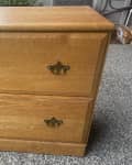 walnut brown wood dresser, older vintage metal handle pulls