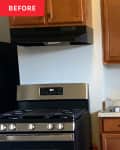 Kitchen with wooden cabinets, oven and peeling floors.