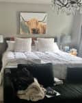 gray cluttered bedroom with crystal chandelier, before makeover