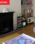 kids' playroom area with gray sofa before being renovated into dining room