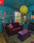 Living room with teal walls, pink decor, and a yellow light fixture
