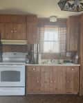 Brown wood paneled kitchen