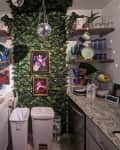 Galley kitchen with ivy along the back wall