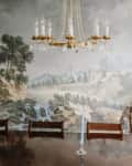 dining room with landscape mural and nice wood furniture