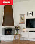 Before lead photo of white living room with hanging art, a TV and fireplace