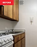 White walls in kitchen before adding pink backsplash.