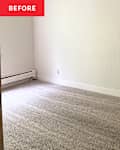 Empty room with light gray carpet, white walls, and a baseboard heater along one wall.