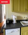 Small, green kitchen renovated and redecorated into burgundy and red kitchen with checkerboard floor.