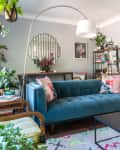 Living room with a blue sofa