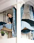 Man lying on a suspended bed with blue curtains and plants hanging nearby.