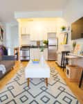 Cozy studio apartment with gray sofa, open closet, white kitchen, and geometric rug.