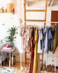 Living room with light blue sofa, cactus pillows, potted plants, and a clothing rack with colorful garments.