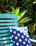 Turquoise wooden bench with a blue polka dot cushion, surrounded by lush green plants.