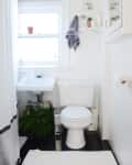 Small bathroom with white sink, toilet, potted plants, and a towel hanging on a wall shelf.