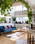 Bright living room with blue sofa, colorful cushions, hanging plants, dartboard, and bar stools by a counter.
