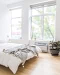 Bright bedroom with a white bed, gray throw, large windows, and a potted plant on wooden flooring.