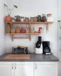Kitchen corner with countertop appliances, spice jars on shelves, and potted plants by a window.