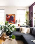 Studio apartment with a bed, dark sectional sofa, vibrant abstract painting, and various potted plants by the windows.