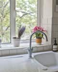 Kitchen sink with silver faucet, potted plants on windowsill, and soap dispenser on tiled counter.