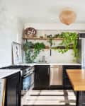 Modern kitchen with black cabinets, stainless steel appliances, wooden shelves with plants, and a large wooden table.