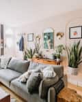 Bright living room with gray sectional sofa, plants, wooden coffee table, and wall mirrors.