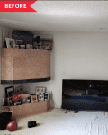 Living room with a large TV, framed art, and a corner shelf displaying family photos and decor items.