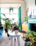 Colorful living room with blue sofa, green curtains, plants, abstract wall art, and a mint green fireplace.