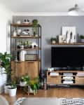 Living room with gray accent wall, TV on wooden stand, plants, bookshelves, and round coffee table with flowers and decor.