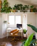 white desk area of tiny home with lots of plants and warm wood and leather accents