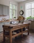 Rustic kitchen with a wooden island, green pendant light, large clock, and potted plants on the windowsill.