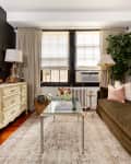 Cozy living room with olive green sofa, glass coffee table, cream dresser, large plant, and wall-mounted TV.