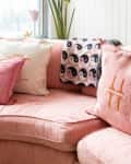 Pink sofa with embroidered pillows and a yin-yang patterned blanket, near a window with a potted plant.