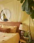 Cozy bedroom with a round mirror, peach headboard, yellow bedding, wicker lamps, and lush plants by a large window.